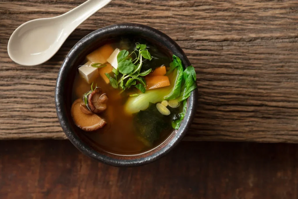 Esta sopa de miso con tofu y vegetales es ideal para un almuerzo ligero