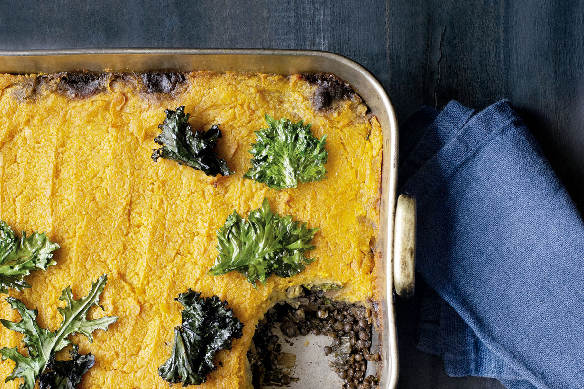 pie con puré de batata y lentejas